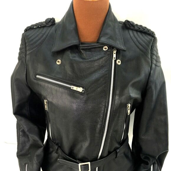 Vintage Bermans Leather Motorcycle‎ Jacket Womens Sz 12 Black Biker Belted USA - Picture 2 of 10